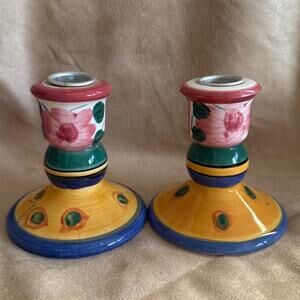 Set of 2 Bella Casa by Ganz 3.5 in Bright Floral Decorative Ceramic Candlestick